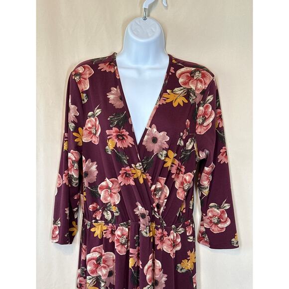 DOWNEAST Dress L Burgundy Wine Fall Fairy Ruffled Floral Cottagecore Faux Wrap - Picture 2 of 13